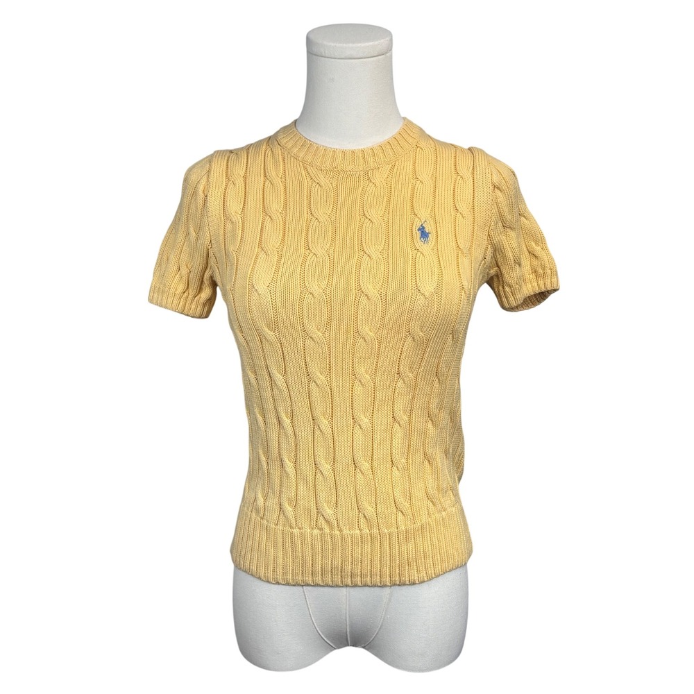 Polo Ralph Lauren Cable Knit Sweater Short Sleeve Yellow Pima Cotton Preppy M - Picture 1 of 9